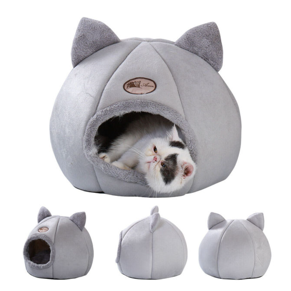 A cat comfortably resting in the Cozy Winter Cat and Dog Bed, with 3 other smaller images of the bed from different angles including side view, 45 degree view, and back view - Eagalite