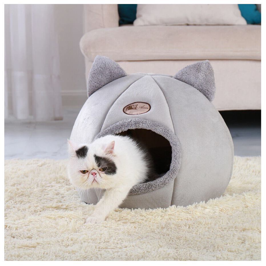 Cozy Winter Cat and Dog Bed in a living room scene with a cat emerging from it. The bed is placed on a carpeted floor, showcasing its plush velvet material and comfortable design in a home setting - Eagalite