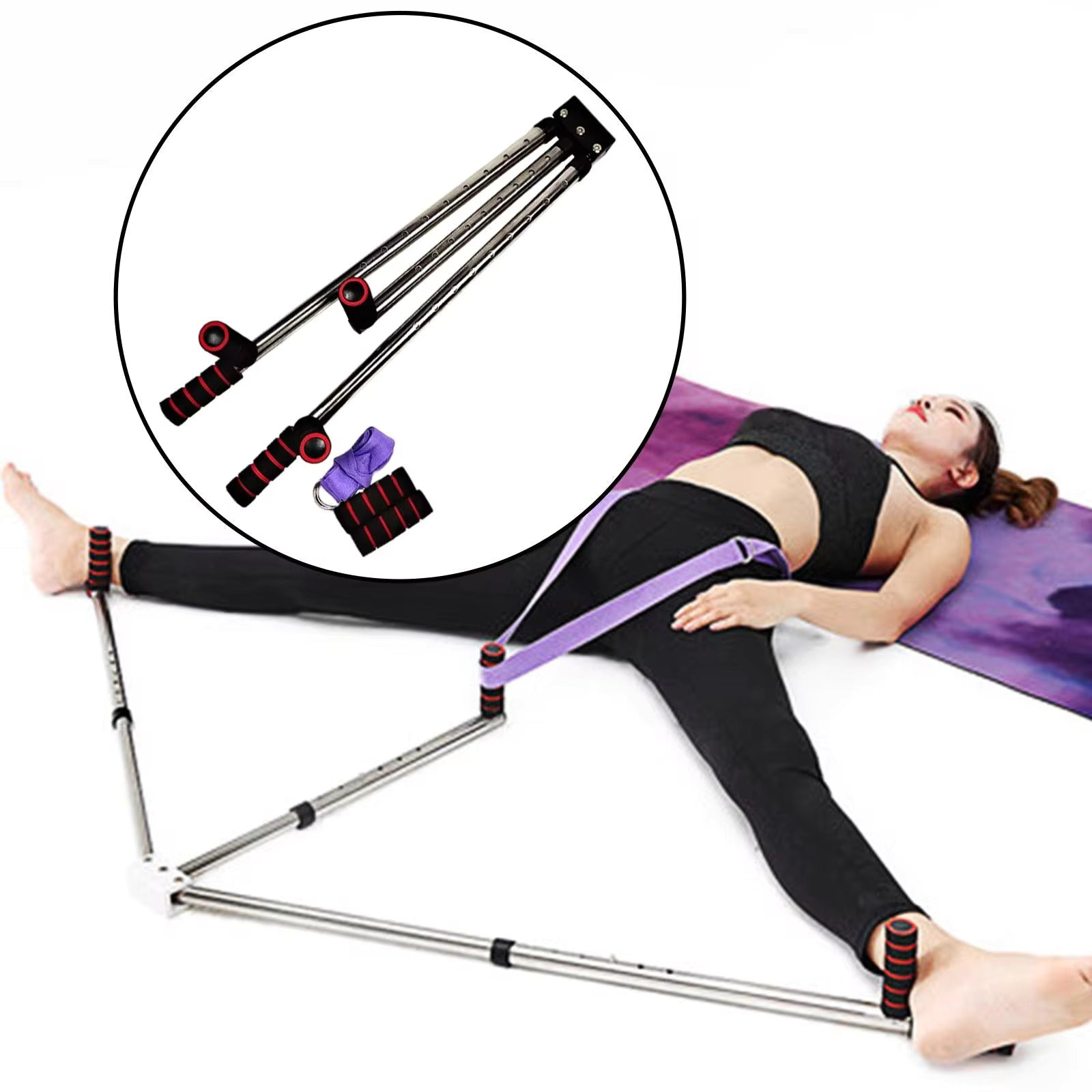 Person lied down while using the 3 Bar Leg Stretcher to improve leg flexibility - Eagalite