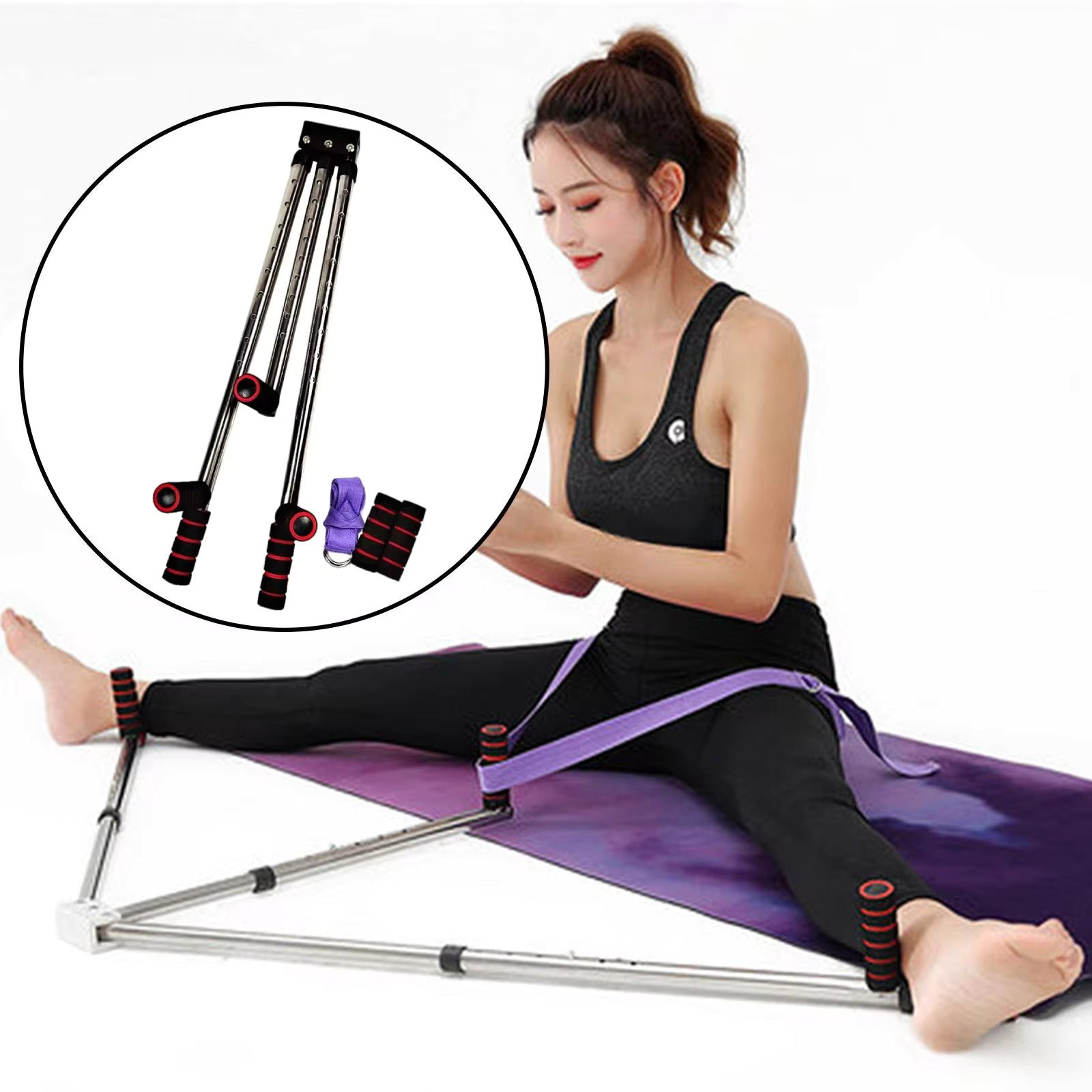 Person using the 3 Bar Leg Stretcher to improve leg flexibility with stretcher image circled - Eagalite