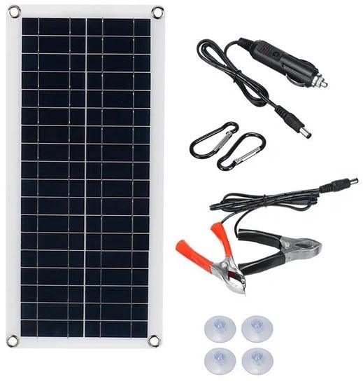 Package contents of the 20W-1000W Solar Panel including alligator clips, car charger, and accessories - Eagalite