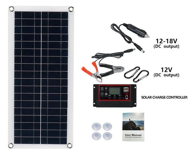 Package contents with labels of the 20W-1000W Solar Panel including alligator clips, car charger, and accessories - Eagalite