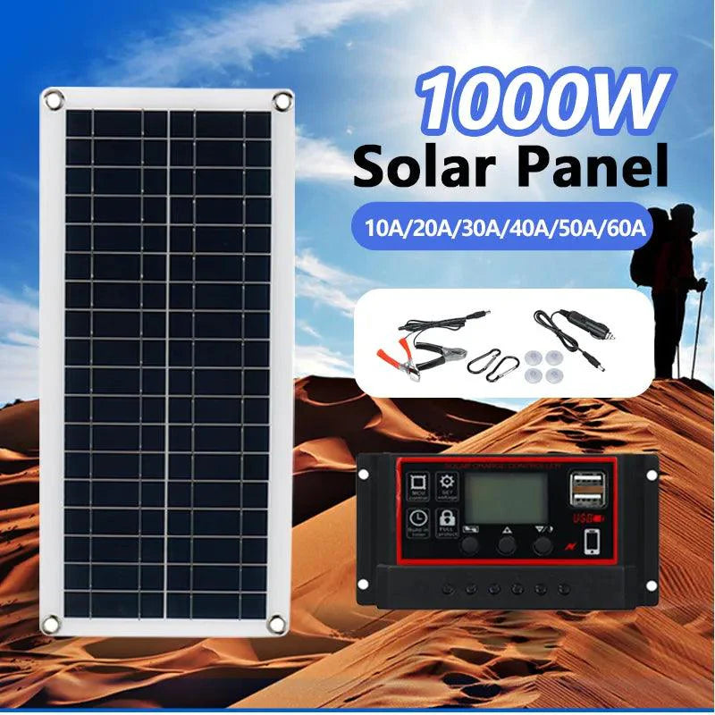 Scenic View of the 20W-1000W Solar Panel including alligator clips, car charger, and accessories - Eagalite