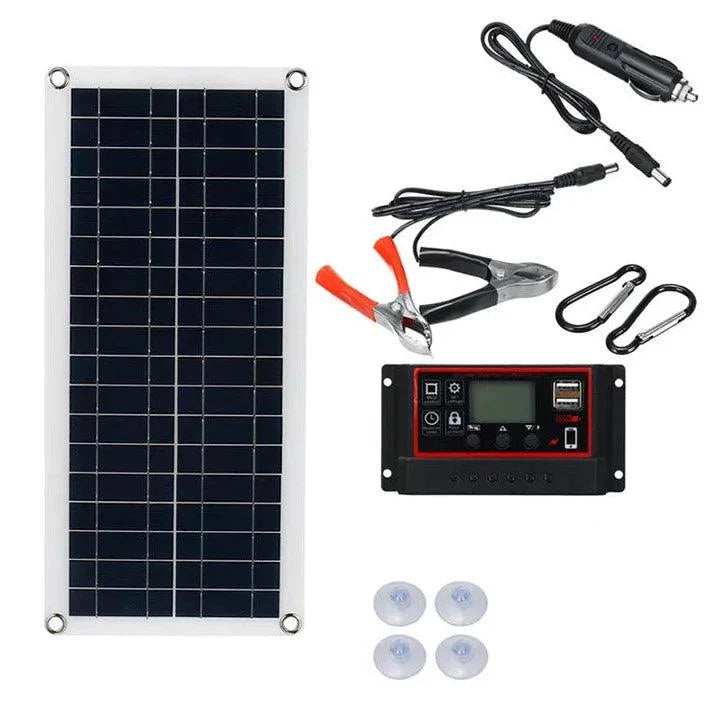 Package contents of the 20W-1000W Solar Panel with Controller including alligator clips, car charger, and accessories - Eagalite