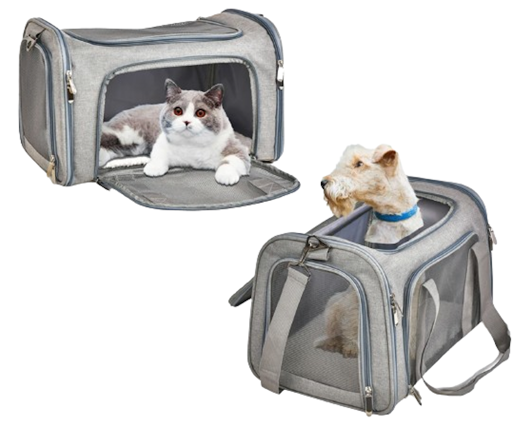 Opened Dog Carrier with Removable Fleece Pad - The open view of the 2 carriers with a dog and a cat in each of the carriers - Eagalite