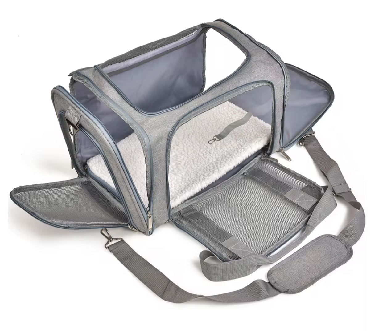 Interior and top of Dog Carrier with Removable Fleece Pad - The interior and top view of the dog carrier displaying the soft, removable fleece pad, providing comfort for the pet during travel - Eagalite