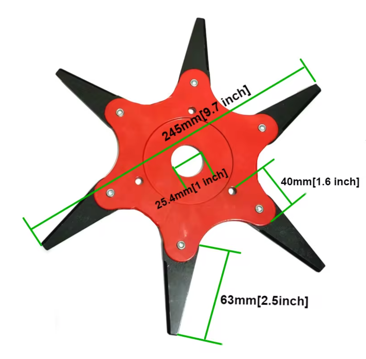 Universal 6-Blade Trimmer Head for lawn mowers viewed from the top, showing the blades and size specifications - Eagalite