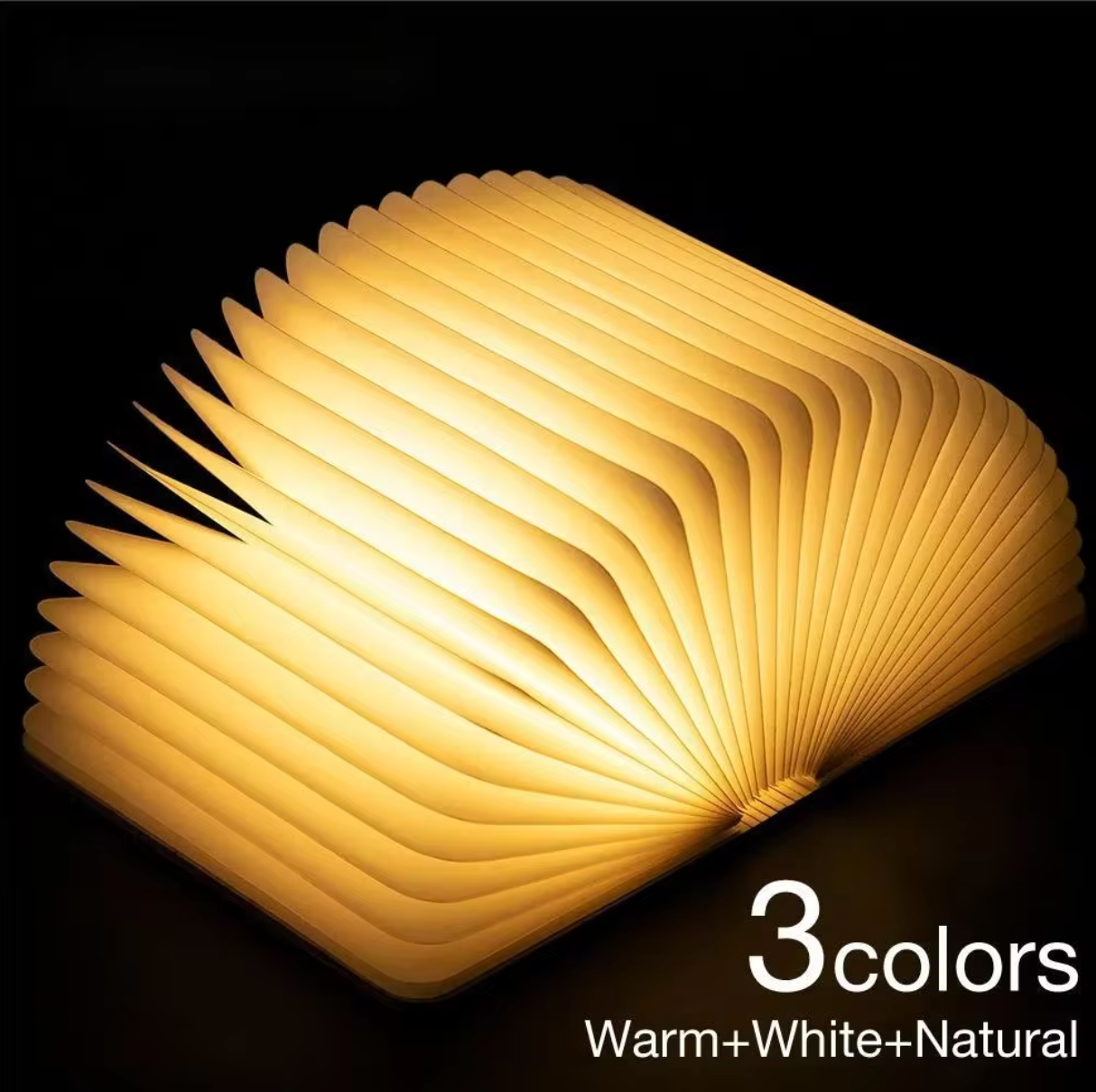 LED Wooden Book Lamp fully opened, emitting soft light in a 360-degree pattern and text showing 3 colors warm + white + natural - Eagalite