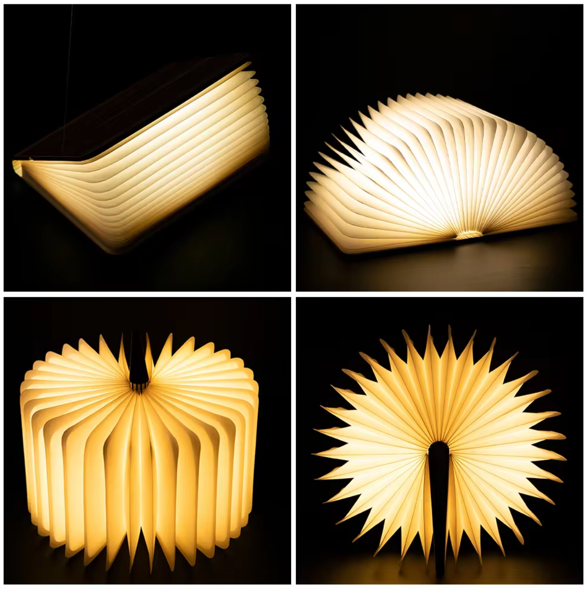 LED Wooden Book Lamp displayed from 4 different angles - Eagalite