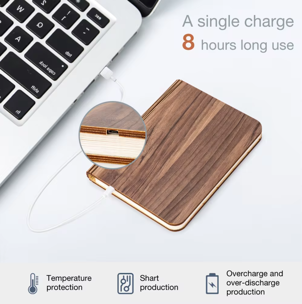 LED Wooden Book Lamp showing the charging usb port connected to a computer - Eagalite