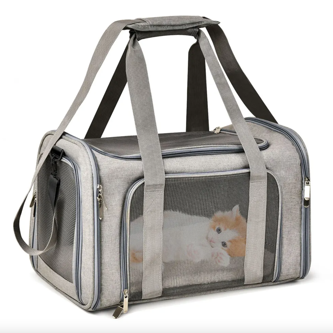 A gray dog carrier bag with claw-defense mesh panels on the top and sides, featuring reinforced polyester and an adjustable shoulder strap - Eagalite