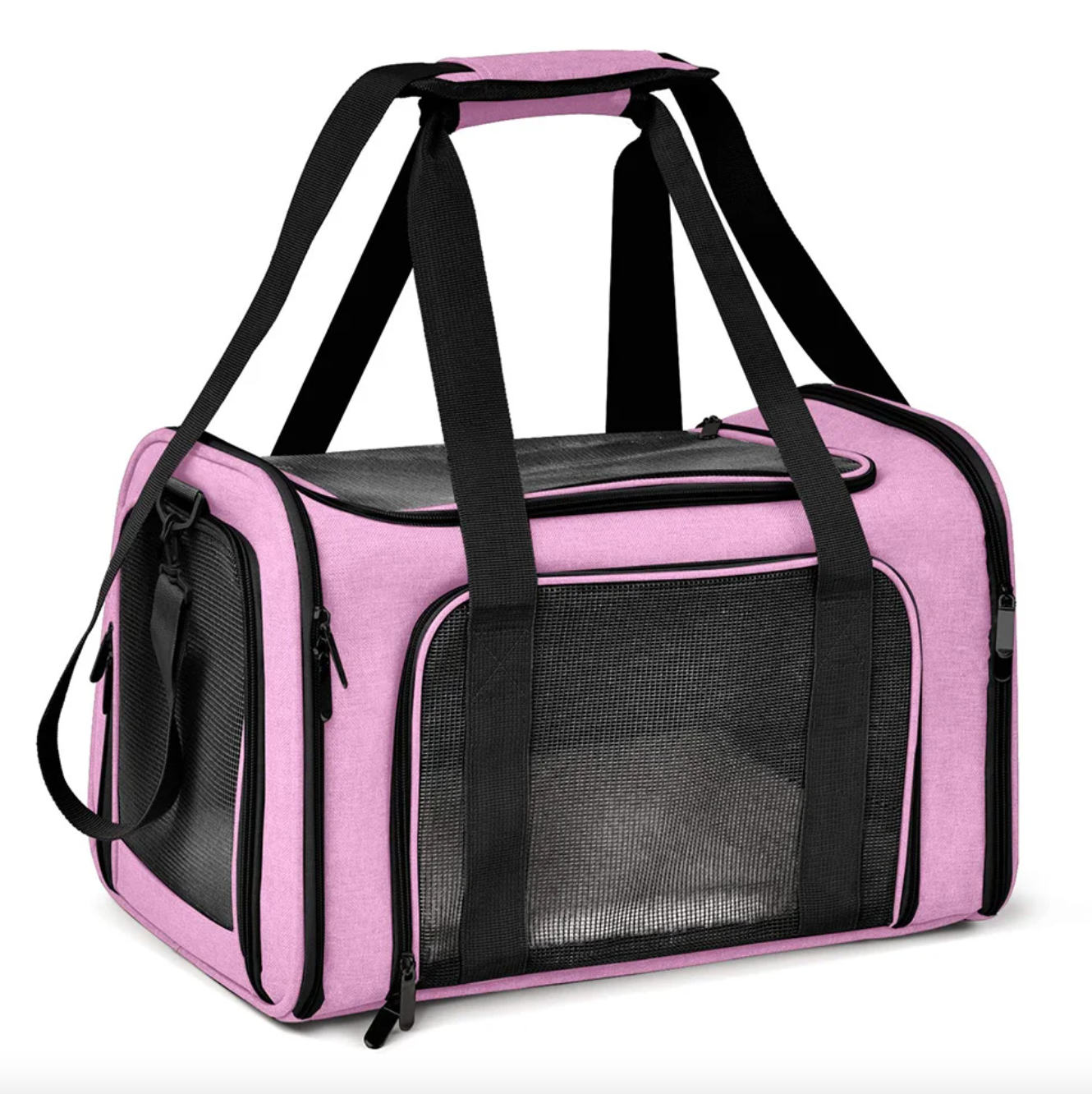 A pink dog carrier bag with claw-defense mesh panels on the top and sides, featuring reinforced polyester and an adjustable shoulder strap - Eagalite