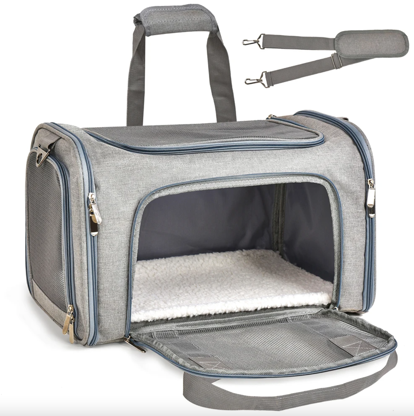 The interior view of the dog carrier displaying the soft, removable fleece pad, providing comfort for the pet during travel - Eagalite