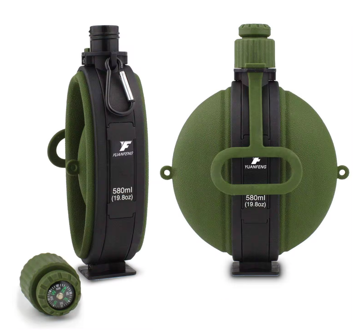 Side-by-side comparison of the collapsible water bottle in both expanded and collapsed states, along with a separate compass, showcasing its versatile design - Eagalite