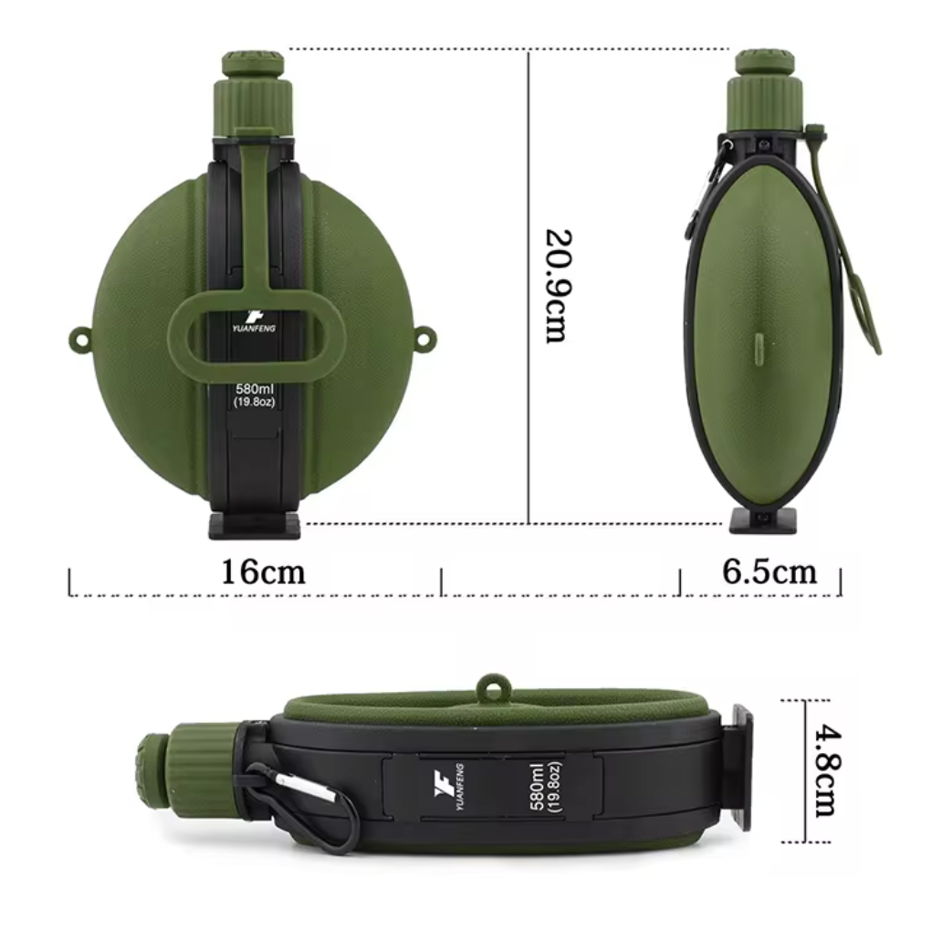 Collapsible water bottle displayed with measurements indicating its size, showing both collapsed and expanded dimensions for easy reference - Eagalite