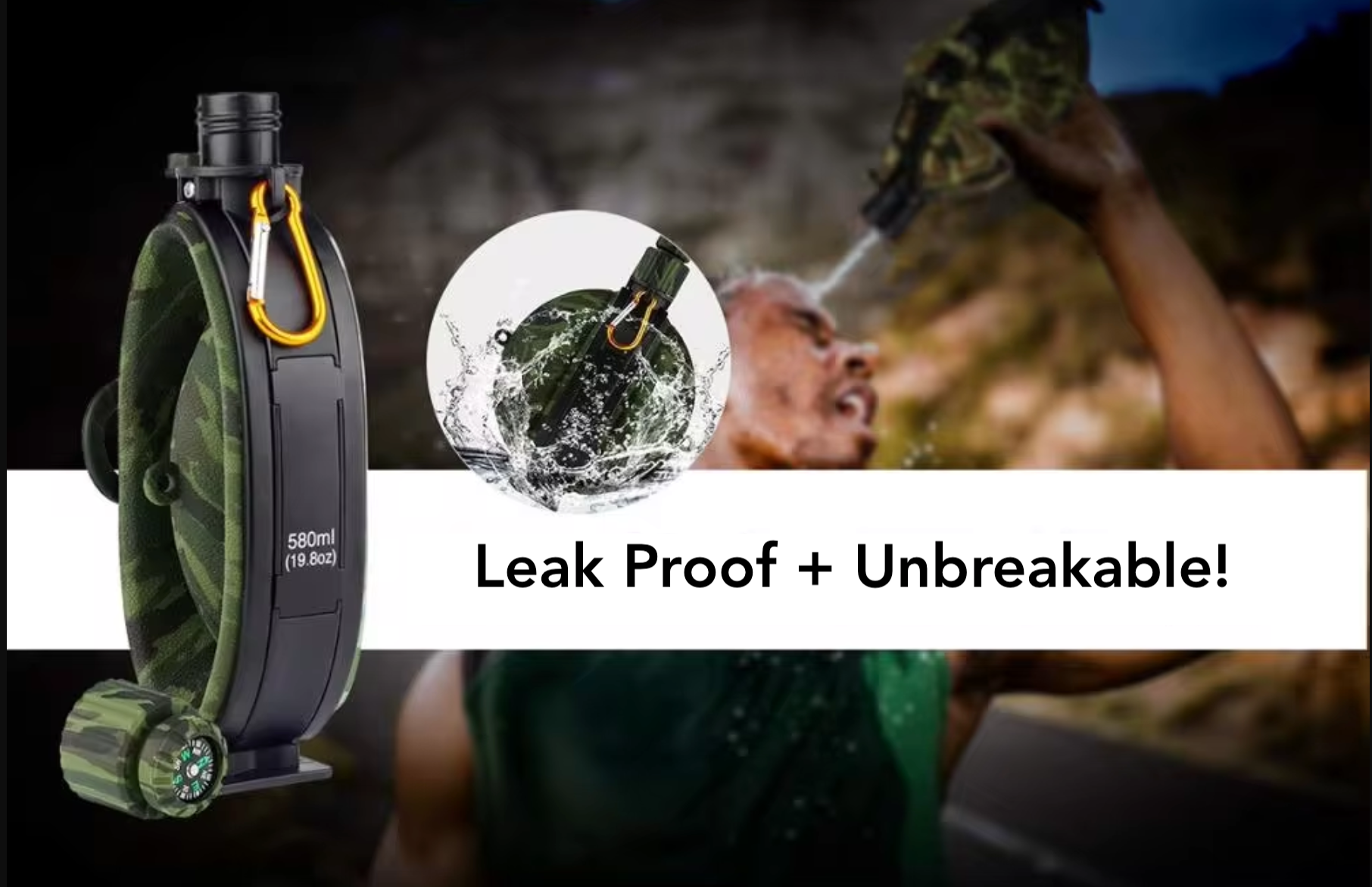 A man holding the collapsible water bottle over his head as if taking a shower, with a collapsed view of the bottle and compass in the background, and another image of the bottle surrounded by a splash of water. There is a text that describes the bottle “leak proof + unbreakable” - Eagalite