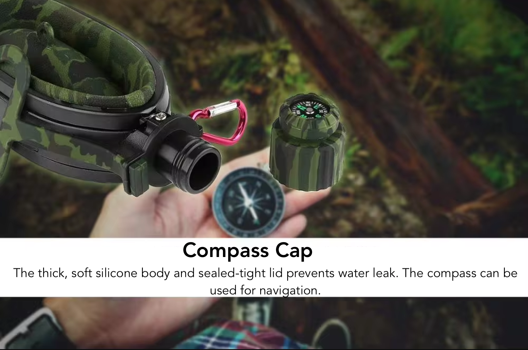 A hand holding a compass next to a collapsed, open-cap water bottle made of thick, soft silicone, with text emphasizing the water bottle's leak-proof design and compass for navigation - Eagalite