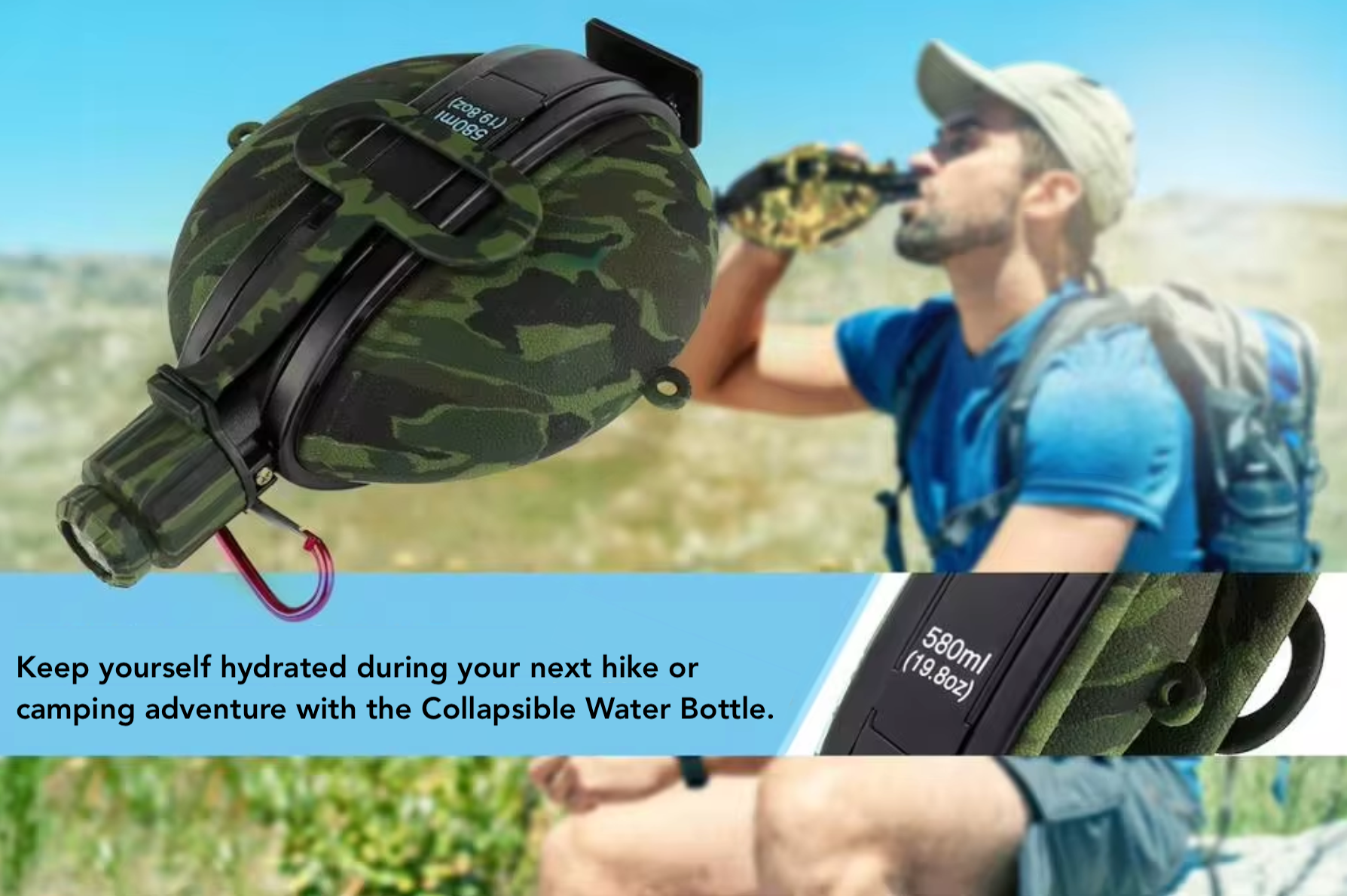 Collapsible water bottle in use during a hike, demonstrating its practicality and convenience for outdoor adventures - Eagalite