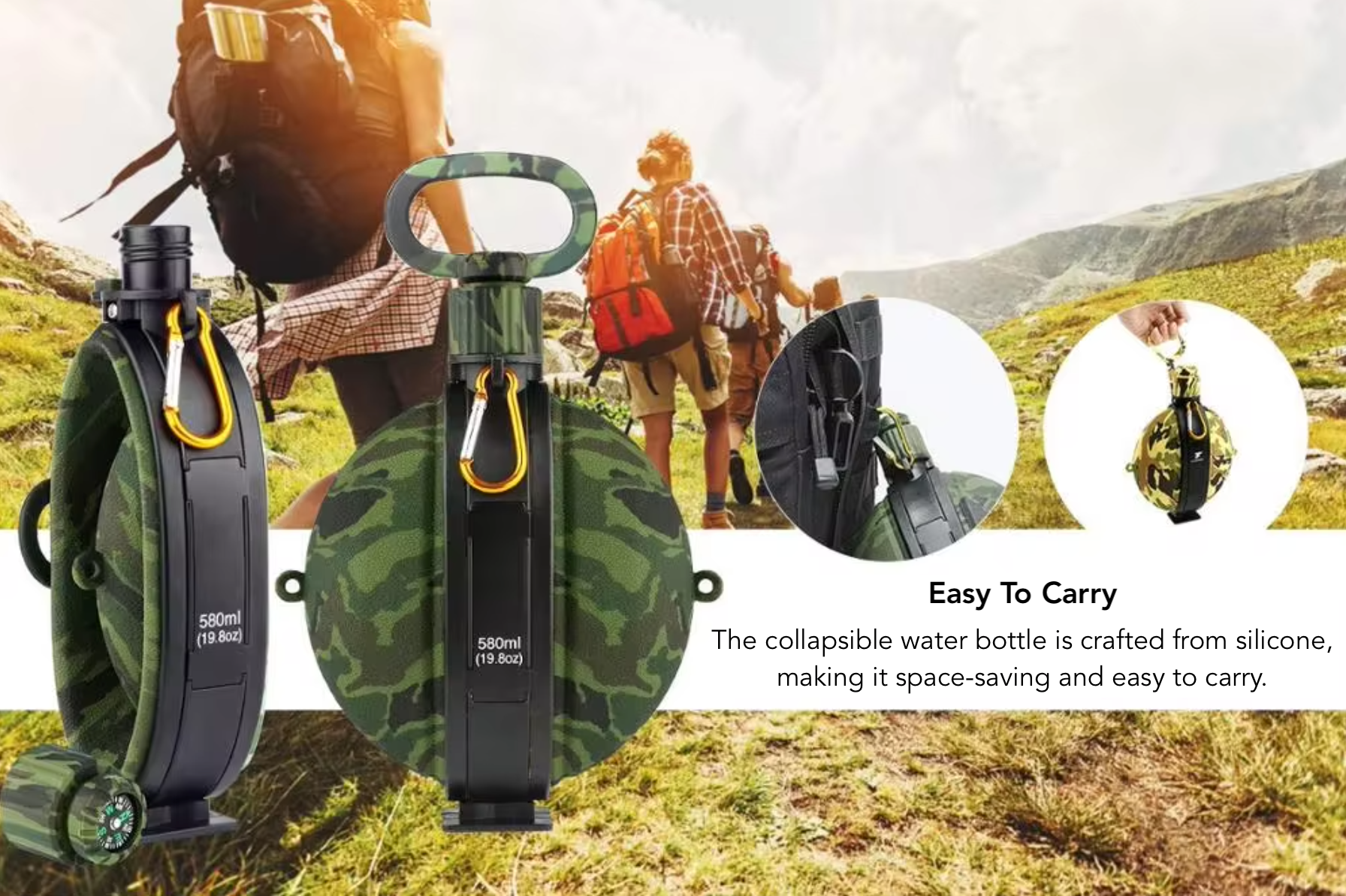 Three people on a hiking trip with a collapsible military-style water bottle in both collapsed and expanded views in the background. The bottle, made from silicone, is highlighted with text stating "easy to carry, made from silicone making it easy to carry and space saving - Eagalite