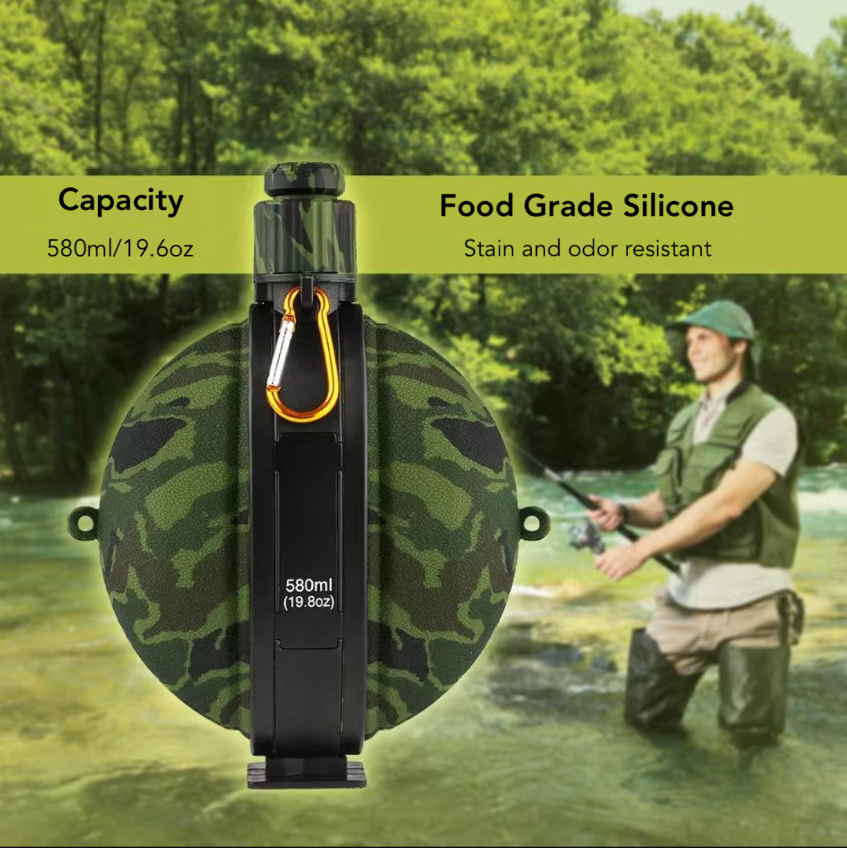 Collapsible water bottle made from durable silicone, text showing it’s capacity of 580ml/19.6oz and material of food grade silicone making it stain and odor resistant, with a man in the background, on a fishing trip - Eagalite