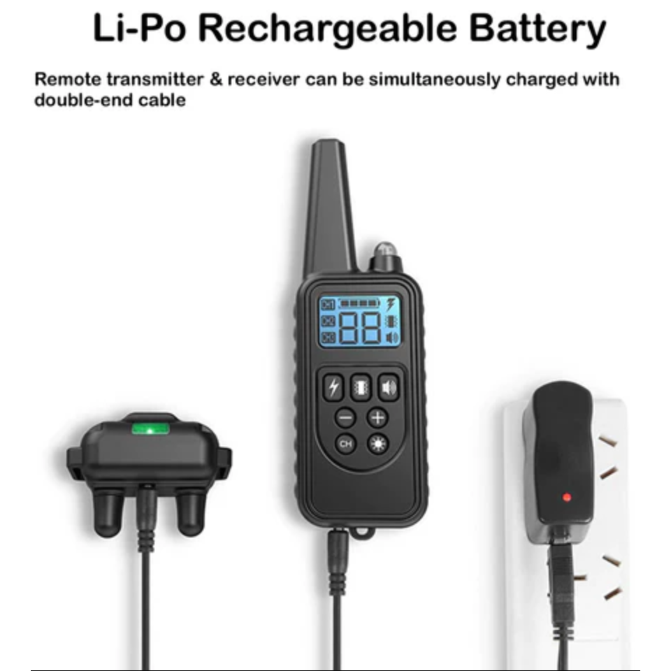 A picture with a heading that says "Li-Po Rechargeable Battery”, underneath which says and is also being shown that "Remote transmitter & receiver can be simultaneously charged with double-end cable” - Eagalite