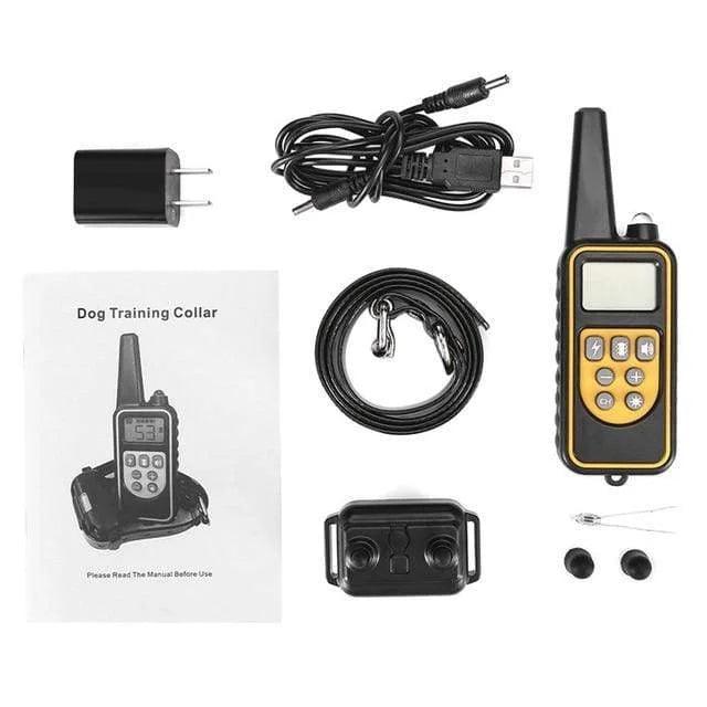 Full package for 1 dog of the Waterproof Dog Training Shock Collar, including remote transmitter, collar, test light, charging cable, and user manual - Eagalite