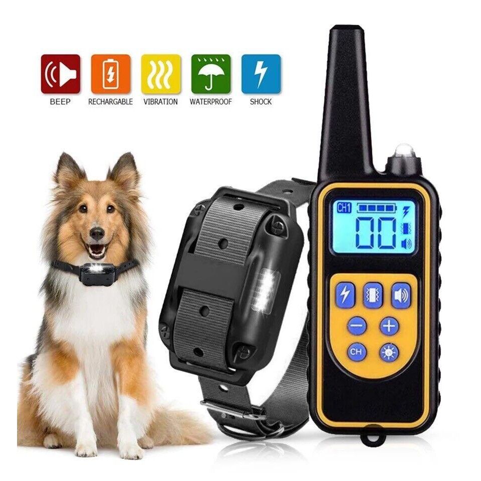 Waterproof Dog Training Shock Collar with remote control. Features a dog and 5 icons that says “beep”, “rechargeable”, “vibration”, “waterproof”, and “shock” - Eagalite