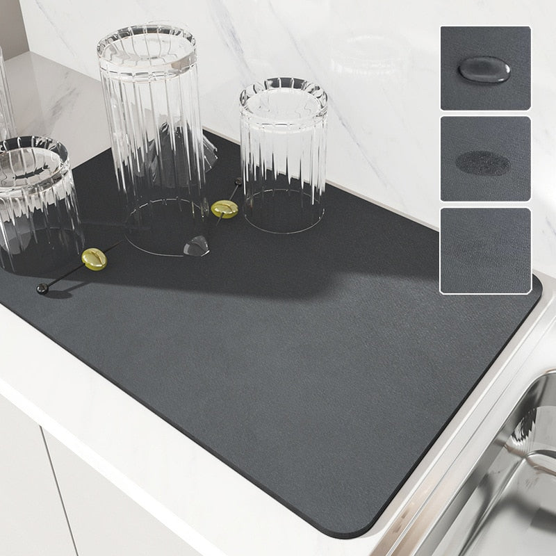 A Super Absorbent Dish Drying Mat on a kitchen counter near a running sink, with glasses on top. On top right corner, three close-ups show the mat in sequence: the first with a spill, the second with the spill being absorbed, and the third with the mat dried and clean - Eagalite