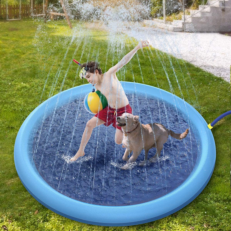 A dog and a kid enjoying a cooling playtime on a blue inflatable sprinkler pad with water spraying around - Eagalite