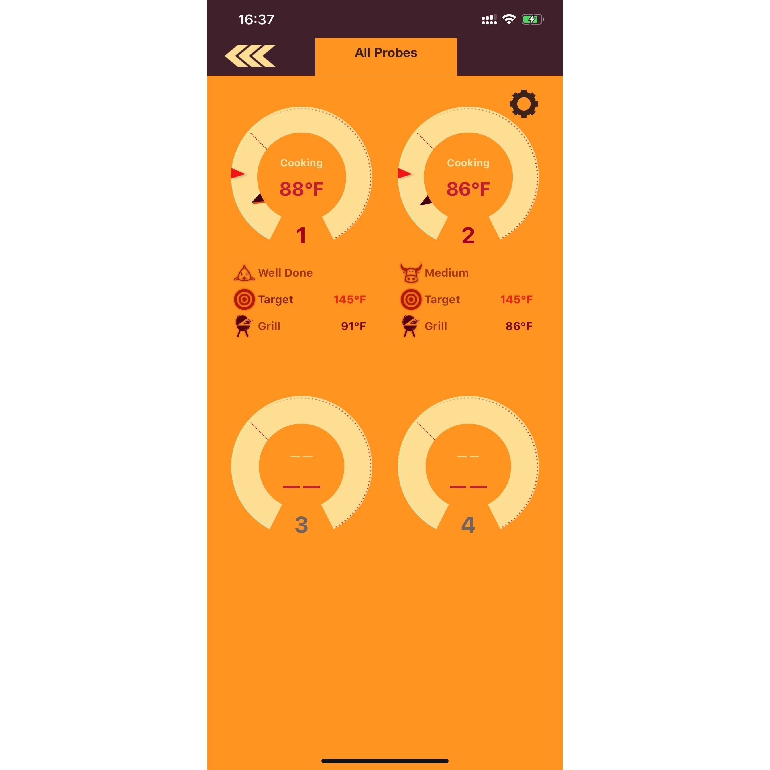 Screenshot of the thermometer's app interface on a smartphone, displaying customizable alerts, temperature settings, and multiple food modes - Eagalite