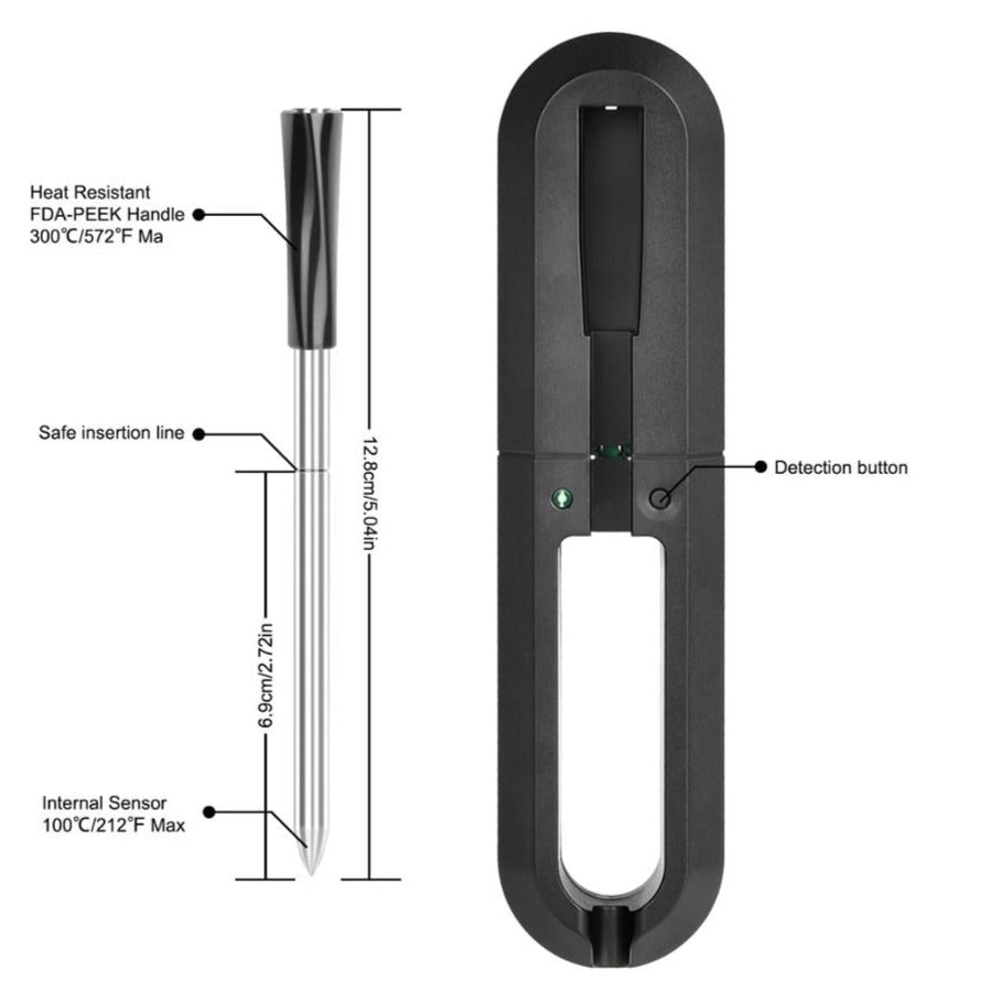 Close-up of the Waterproof Wireless Digital Meat Thermometer with labels identifying its components: detection button, internal sensor, insertion line, and heat resistance temperature - Eagalite