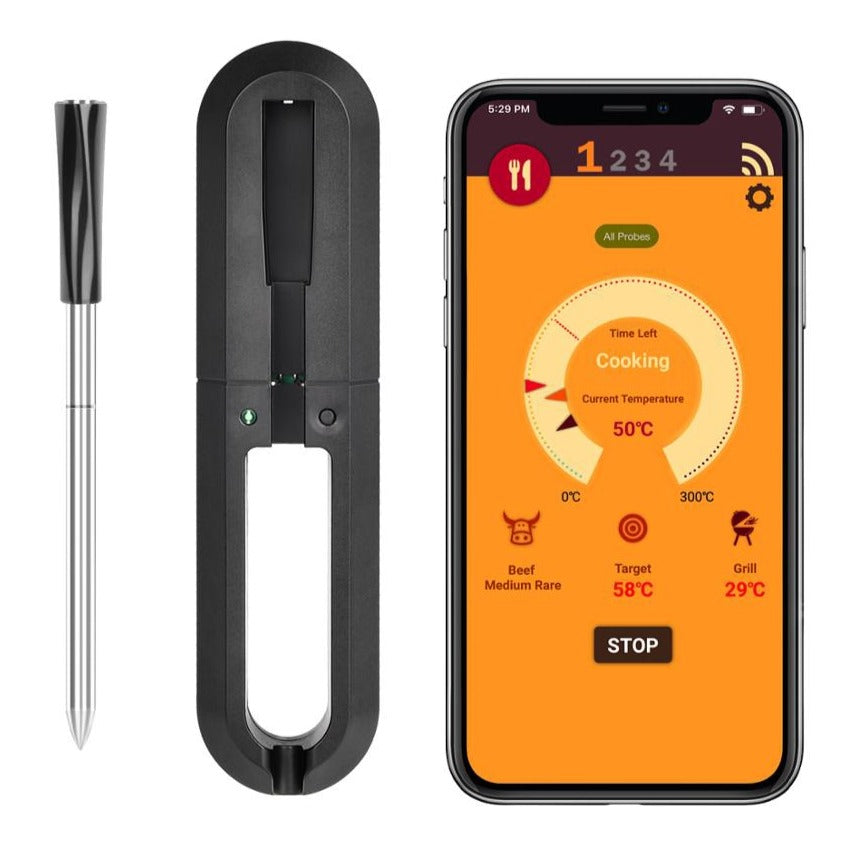 Waterproof Wireless Digital Meat Thermometer with the app  in the background on a smartphone, showing detailed temperature settings, custom alerts, and food modes - Eagalite