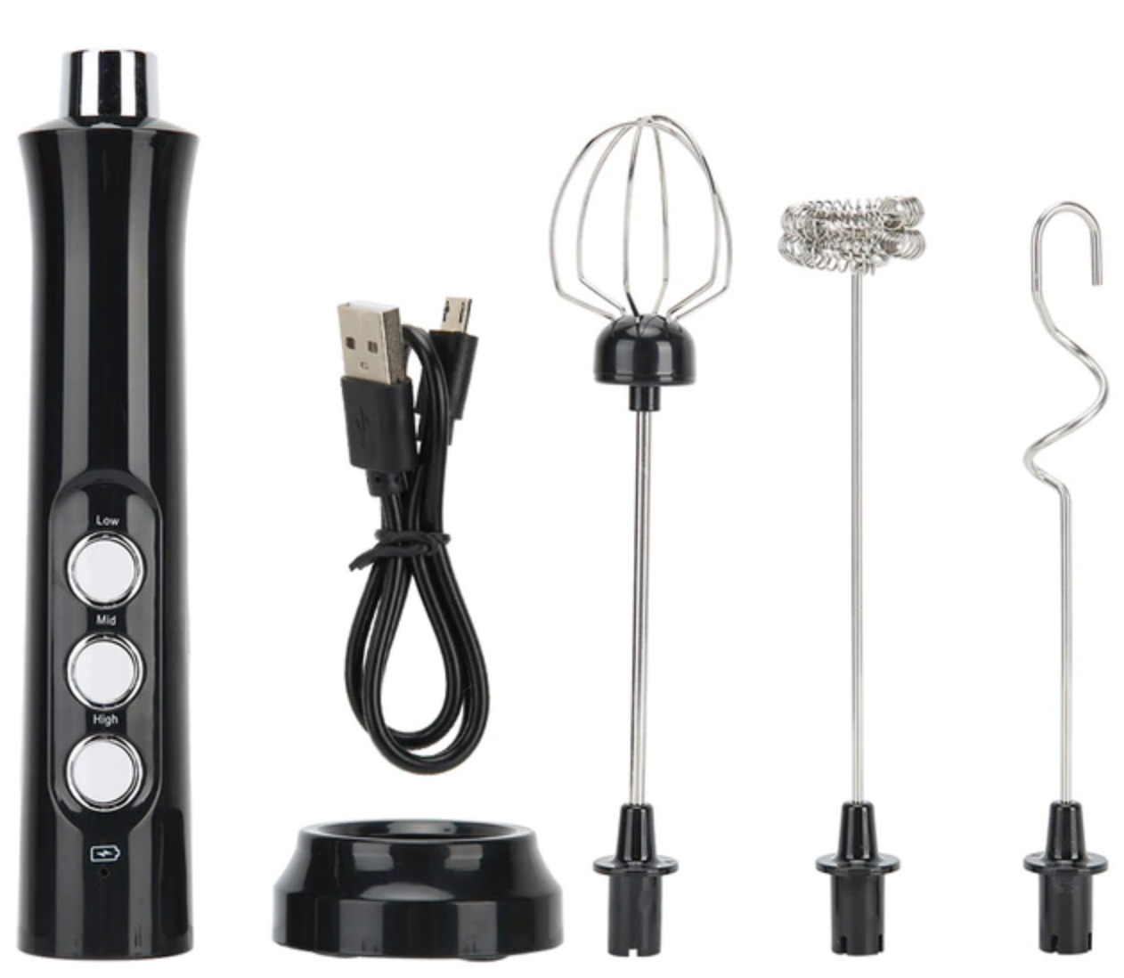 Complete package of the electric milk frother including the host, mixing heads, data line, and charging base - Eagalite