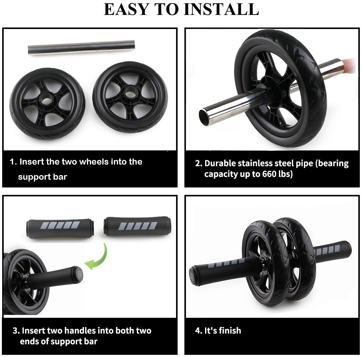 Step-by-step installation guide for the Non-Slip AB Roller, demonstrating how to assemble the roller and attach the wheels - Eagalite